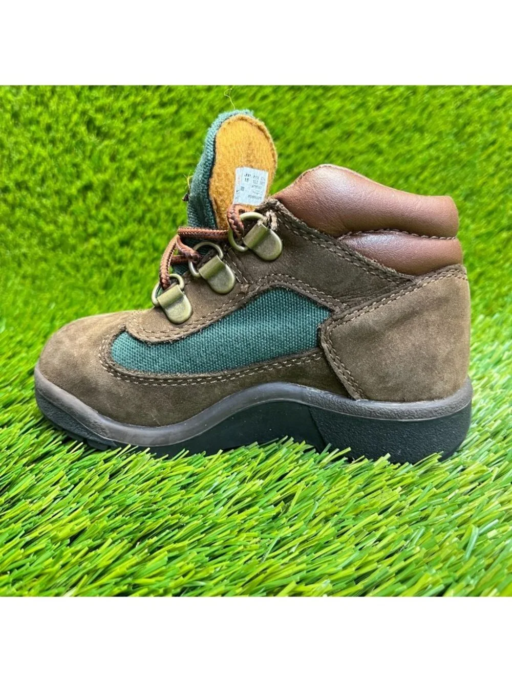 Timberland Field Boys Size 8C Brown Green Outdoor Waterproof Lace Up Ankle Boots